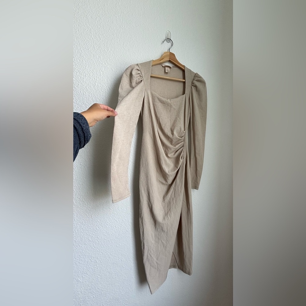 H&M puff shoulder slit dress square neck size xsmall 80s long sleeve cream slit